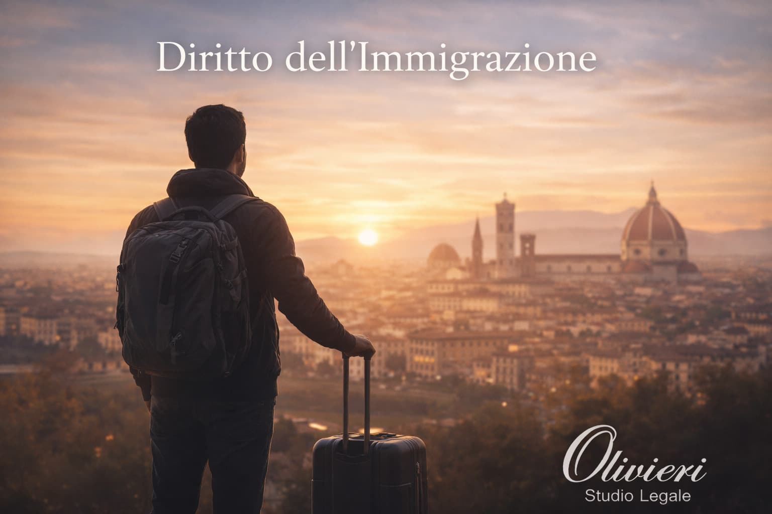 Viaggiatore con valigia davanti al panorama di una città